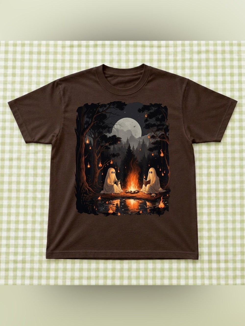 Dark Brown Ghost Campfire Graphic T-Shirt - Unbranded Vintage Gift For Halloween